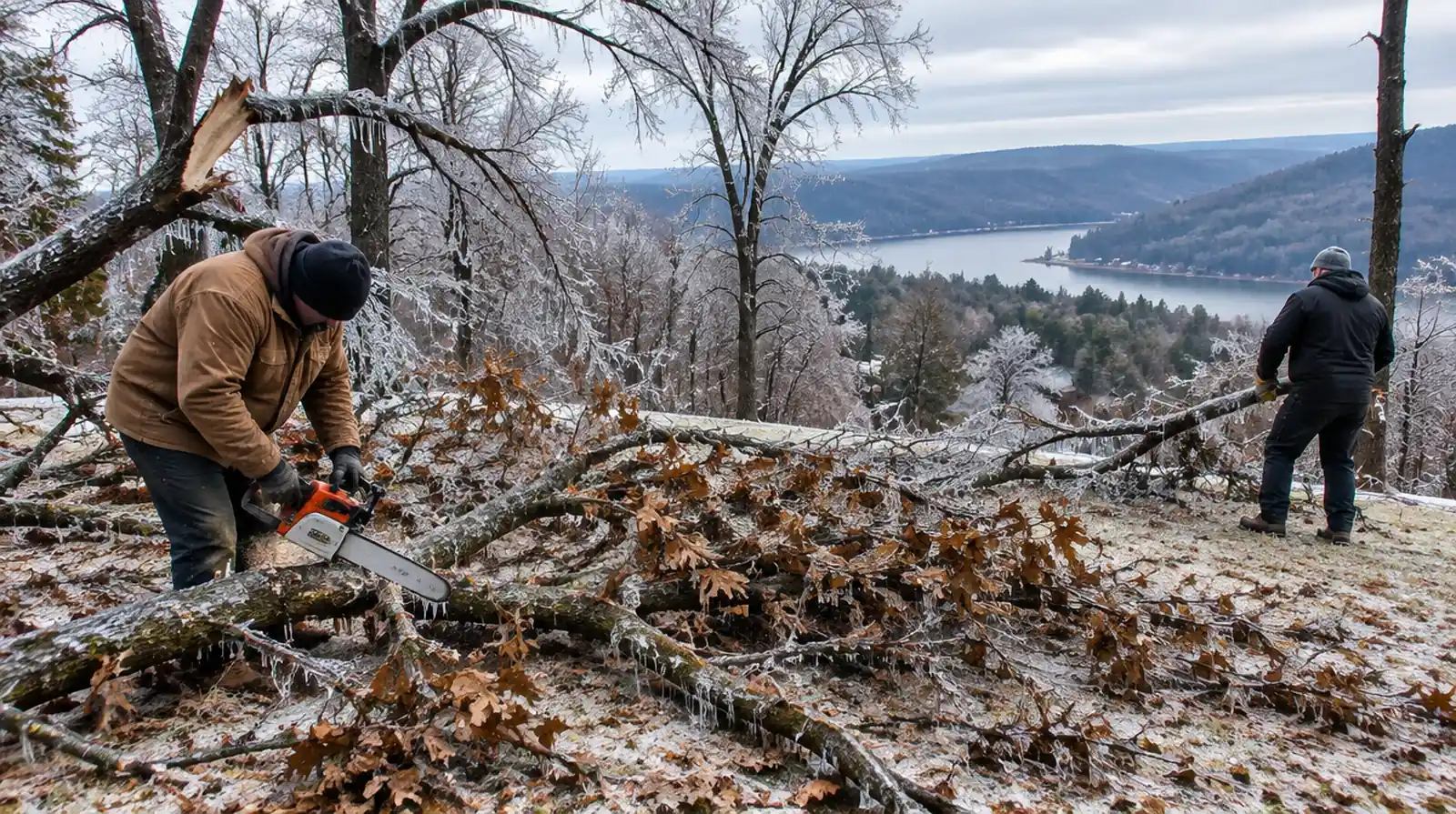 Ice-damaged broken limbs being cleared in the Ozarks near Mountain Home, AR