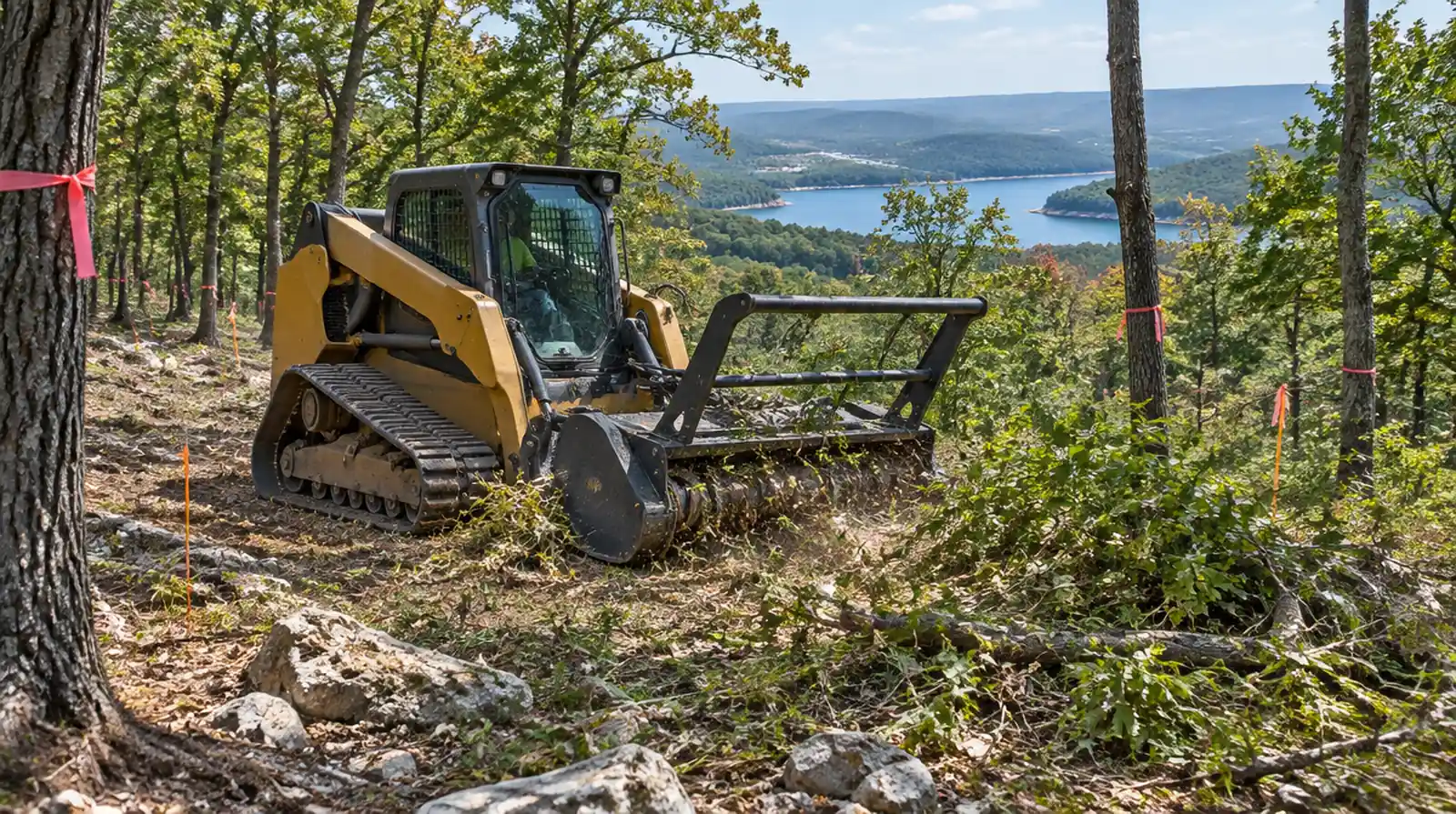 Compact track loader clearing brush for a home site near Mountain Home, AR
