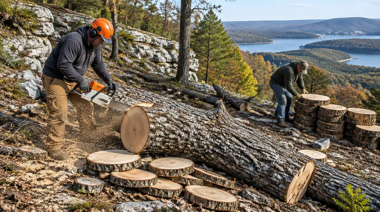 Crew cutting a felled oak into rounds on a sloped lot in Mountain Home, AR