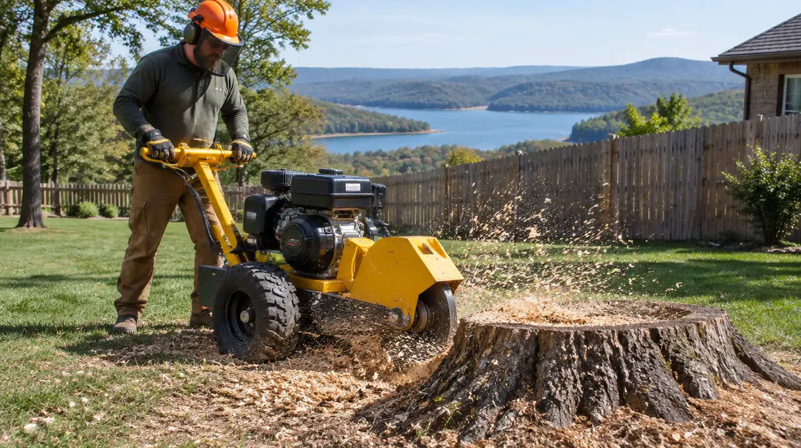 Stump grinder removing an oak stump in a Mountain Home, AR lawn