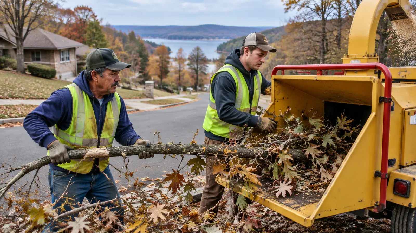 Ground crew feeding brush into a chipper in Mountain Home, AR