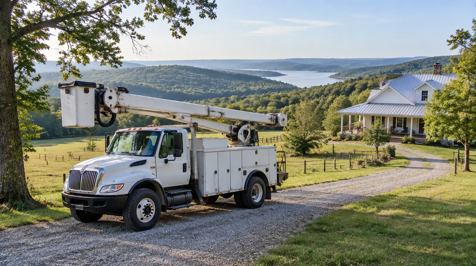 Tree service truck on rural acreage in the Ozark hills near Mountain Home, AR