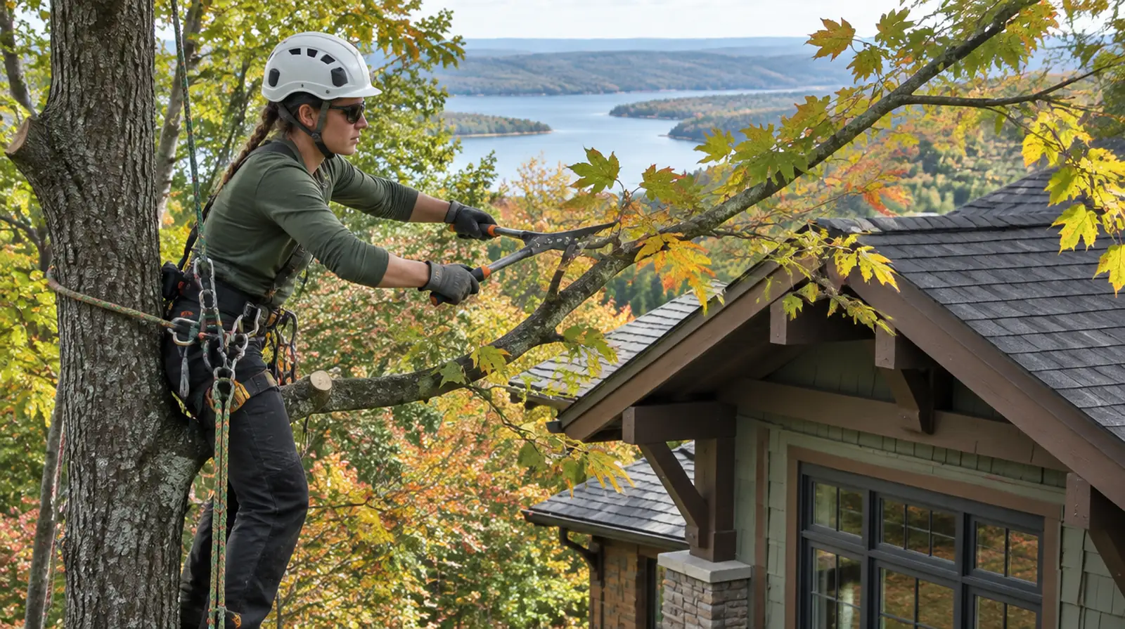 Arborist trimming limbs back from a roofline in Mountain Home, AR